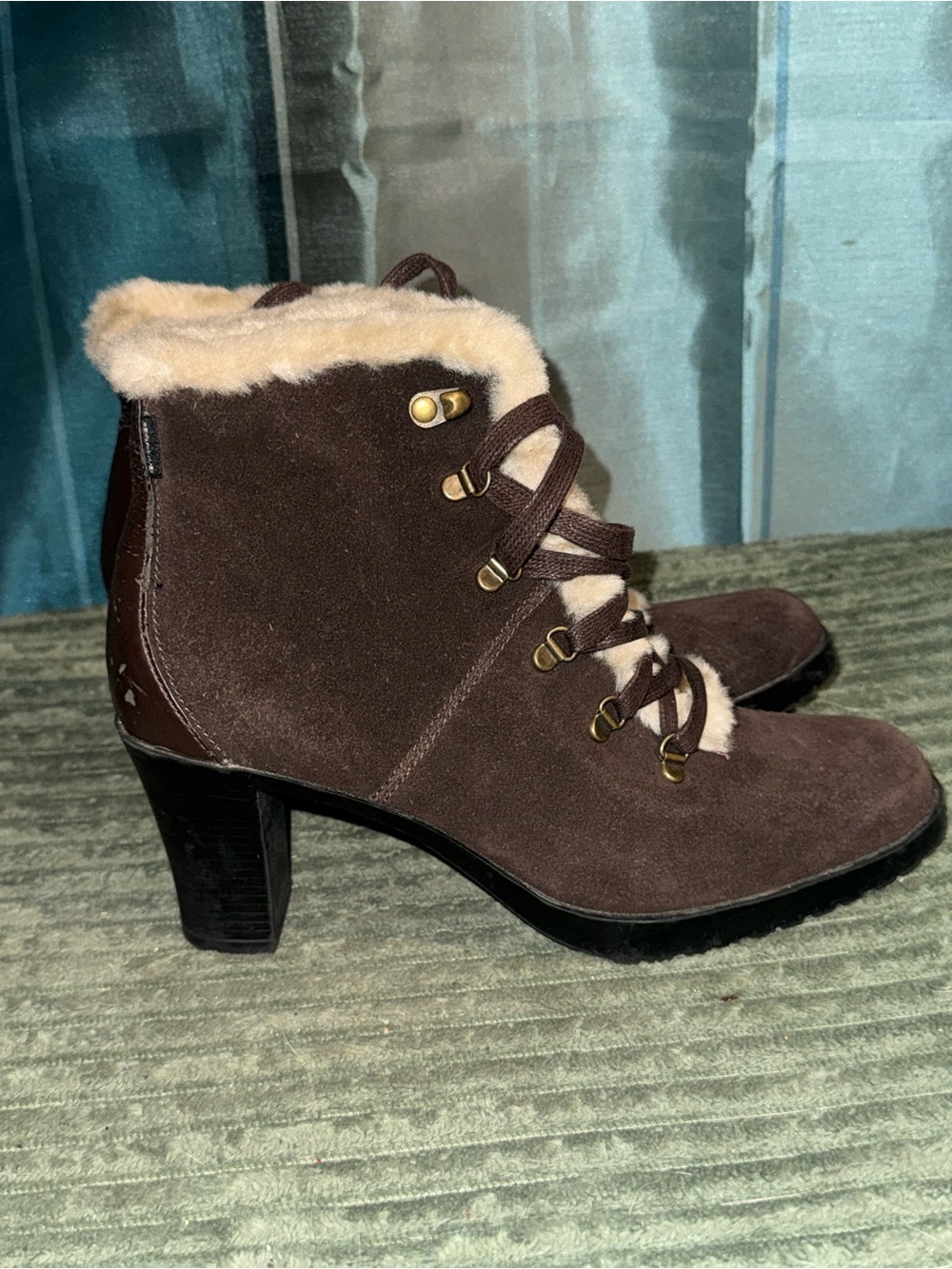 Sporto Brown Suede Lace-Up Faux-Fur Trim Ankle Boots